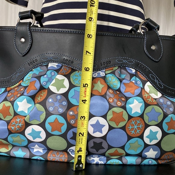 Soco shoulder bag stars, snowflakes ❄️ nylon /black leather! Blue stitching! - Picture 10 of 16